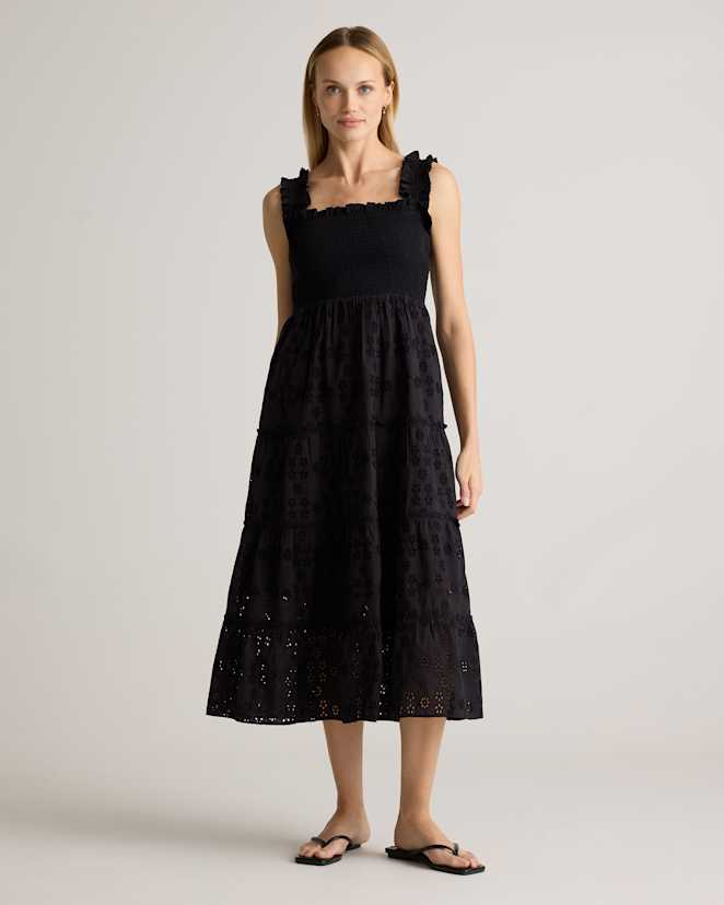 Black 100% Organic Cotton Eyelet Smocked Midi Dress