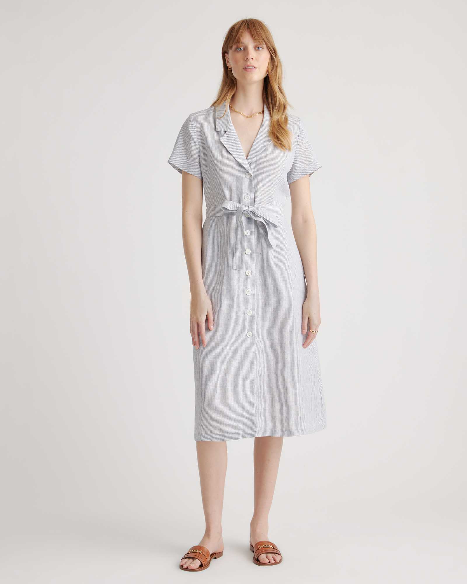 blue-pinstripe 100% European Linen Button Front Dress