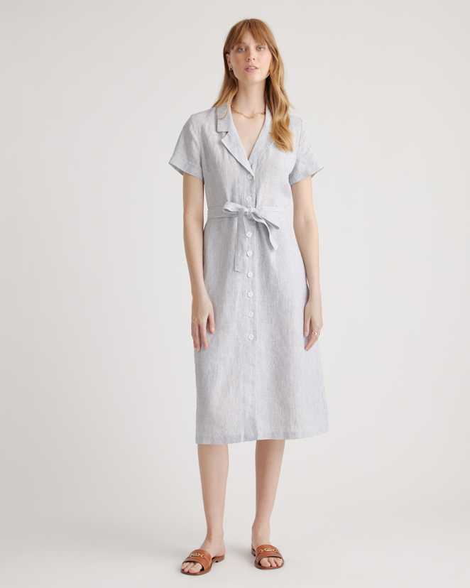 Blue Pinstripe 100% European Linen Button Front Dress