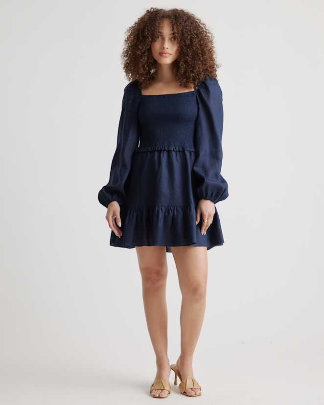 Deep Navy 100% European Linen Smocked Mini Dress
