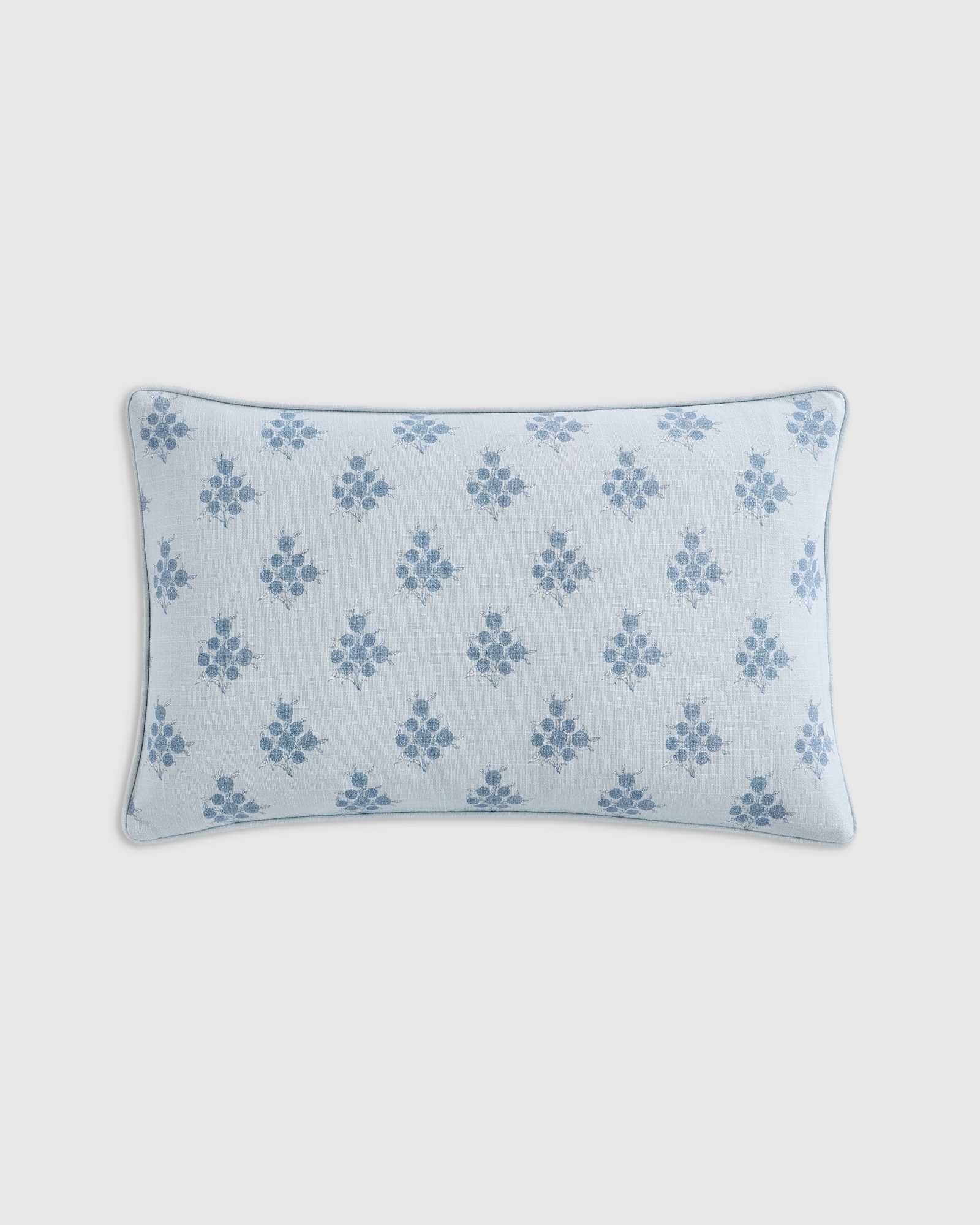 Light Blue Piped Block Print Cotton Pillow Cover