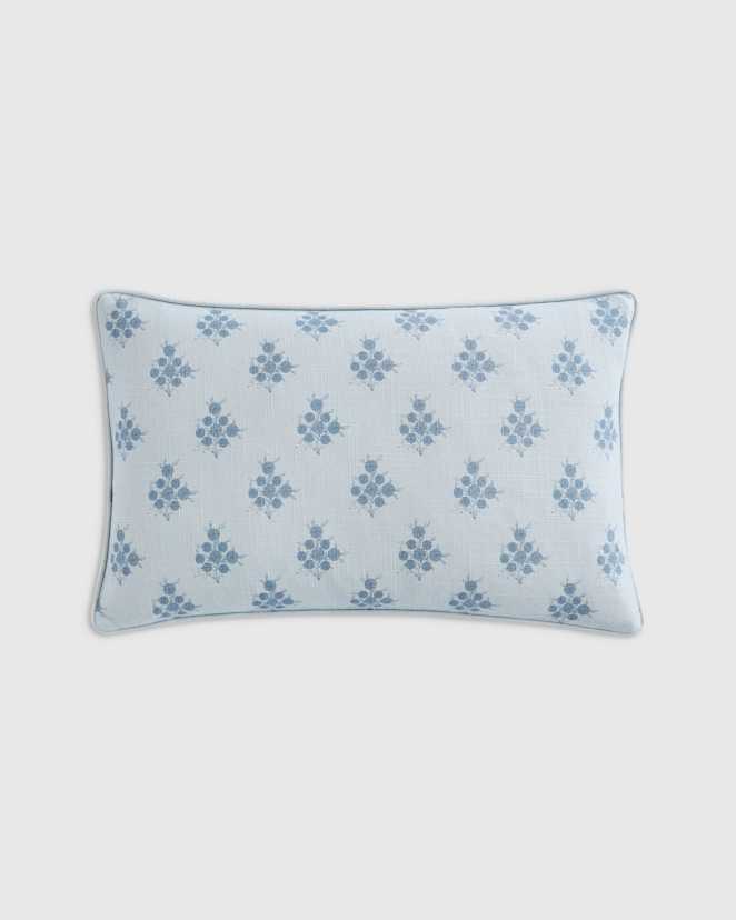 Light Blue Piped Block Print Cotton Pillow Cover