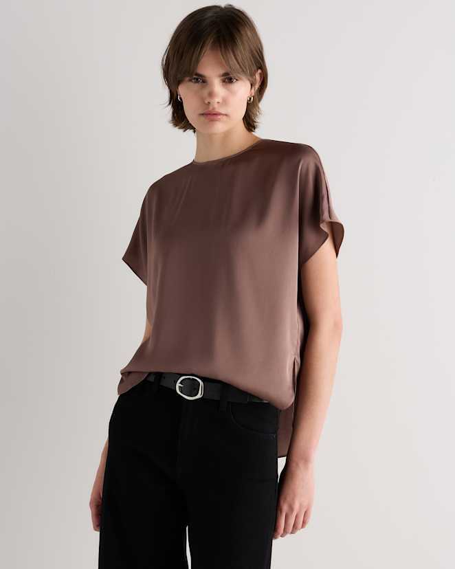 Mink Taupe Washable Stretch Silk Split Hem Tee