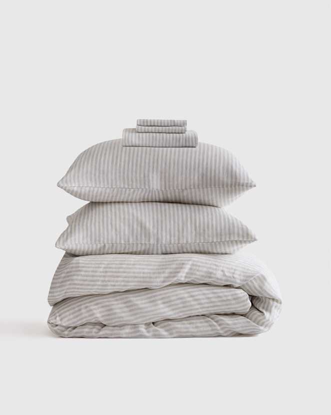 Mist/White Stripe European Linen Stripe Deluxe Bedding Bundle