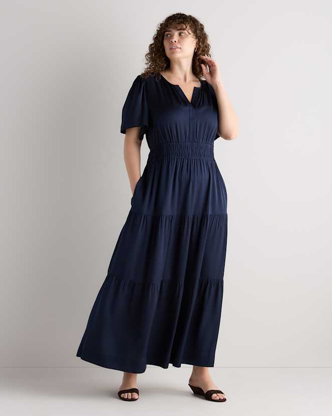 Navy Washable Stretch Silk Tiered Maxi Dress