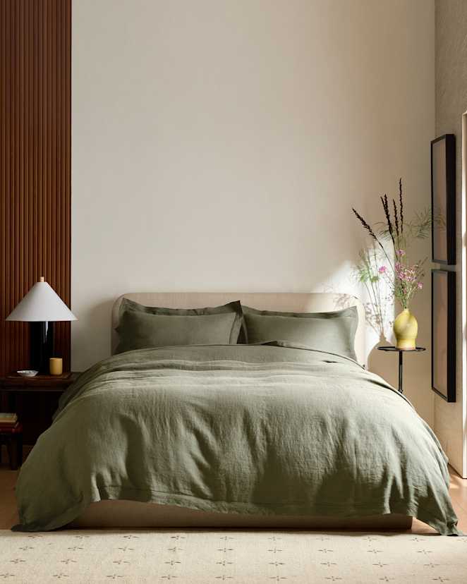 Dusty Olive Ensemble de housse de couette en lin européen à bordure double