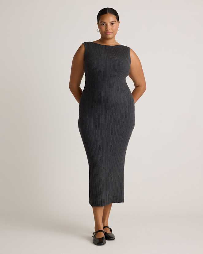Heather Charcoal Cotton Cashmere Ribbed Sleeveless Midi Dress