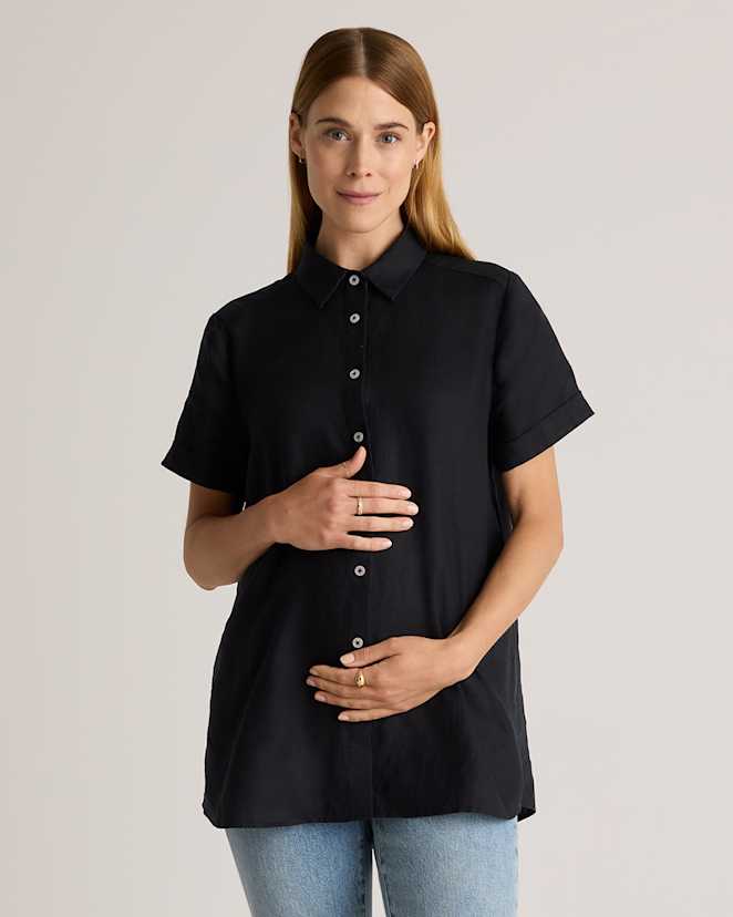 Black 100% European Linen Maternity Camp Shirt
