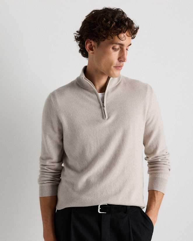 Heather Cloud Beige Mongolian Cashmere Quarter Zip Sweater