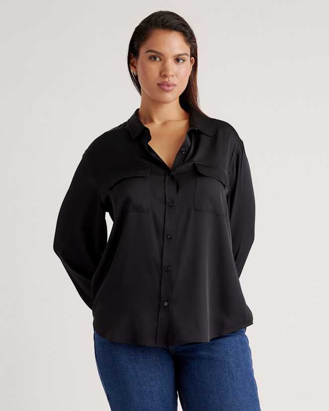 Black Washable Stretch Silk Utility Long Sleeve Blouse