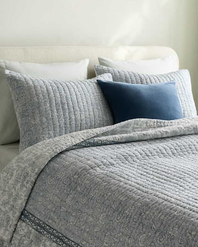 Blue Organic Cotton Block Print Quilted Sham Set