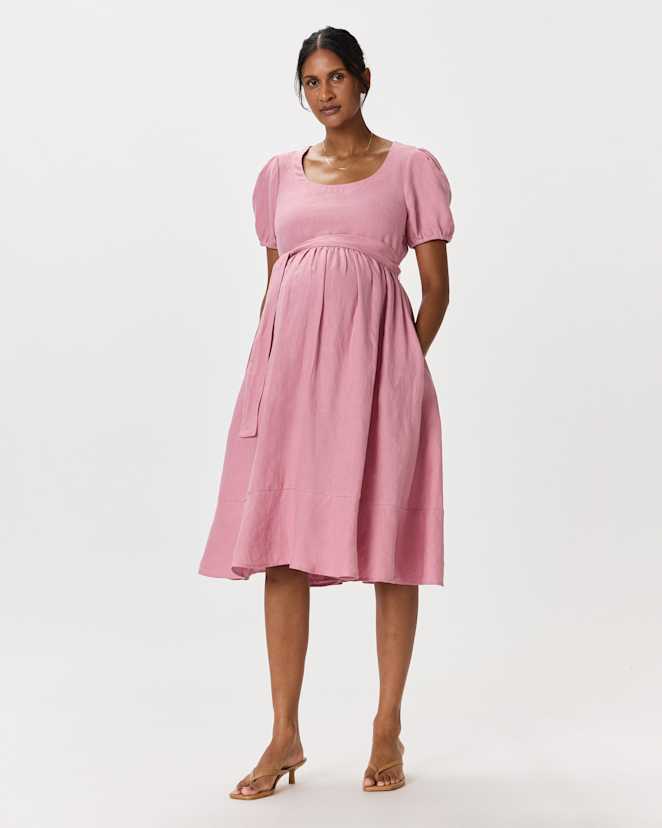 W--144-MVMST-05 EDITED Mauve Mist 100% European Linen Maternity Short Sleeve Midi Dress