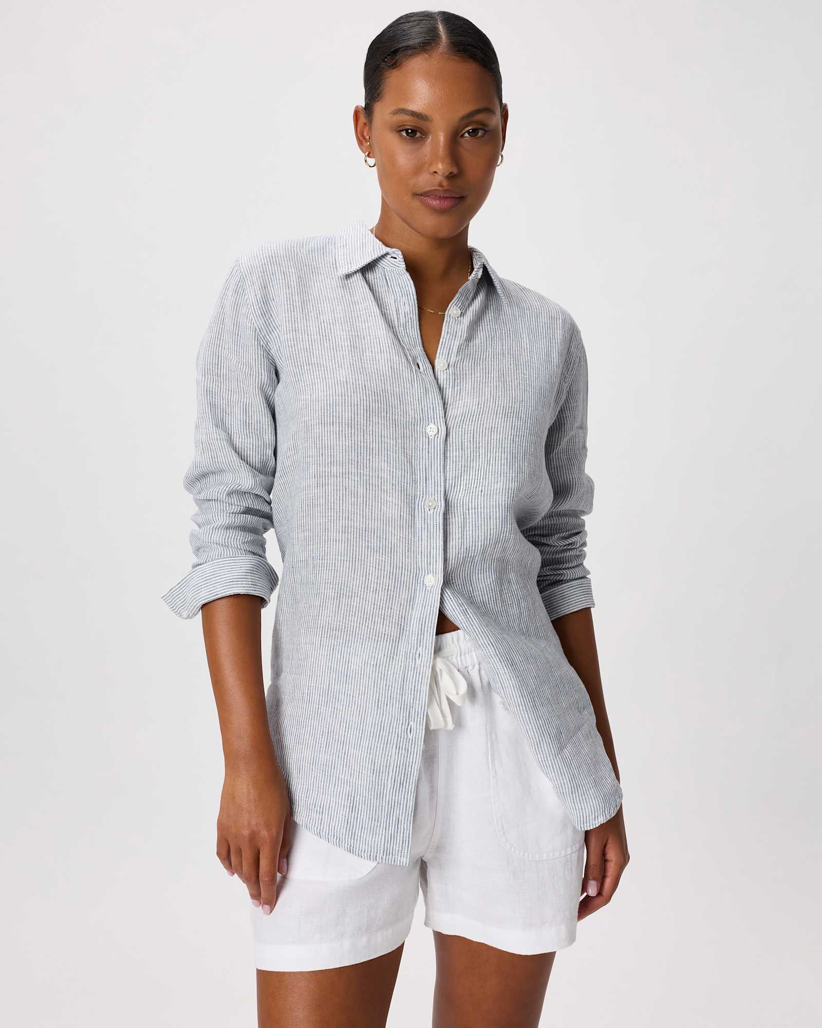 blue-pinstripe 100% European Linen Long Sleeve Shirt