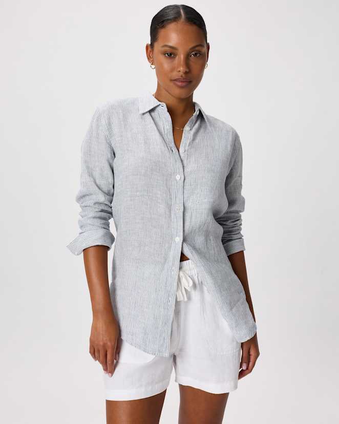 Blue Pinstripe 100% European Linen Long Sleeve Shirt