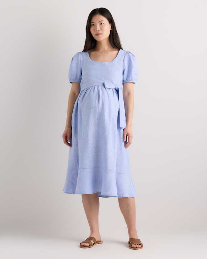 French Blue 100% European Linen Maternity Short Sleeve Midi Dress