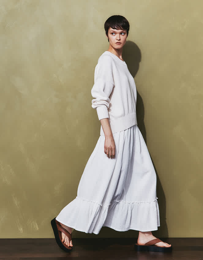 White 100% Organic Cotton Gauze Smocked Maxi Skirt