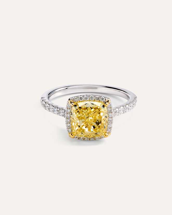 No Color 14K Gold Yellow Lab Grown Diamond Cushion Halo Engagement Ring - 3ct