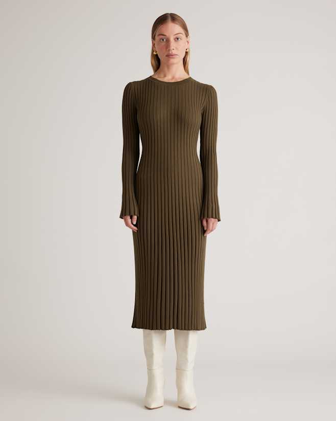 Olive Cotton Cashmere Ribbed Long Sleeve Crew Midi Dress