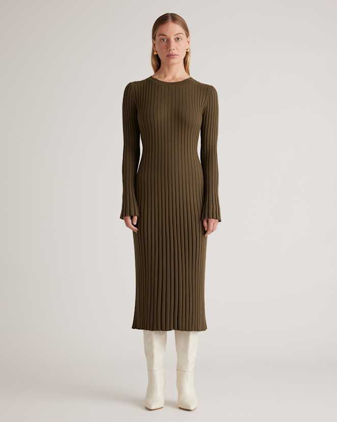 Olive Cotton Cashmere Ribbed Long Sleeve Crew Midi Dress