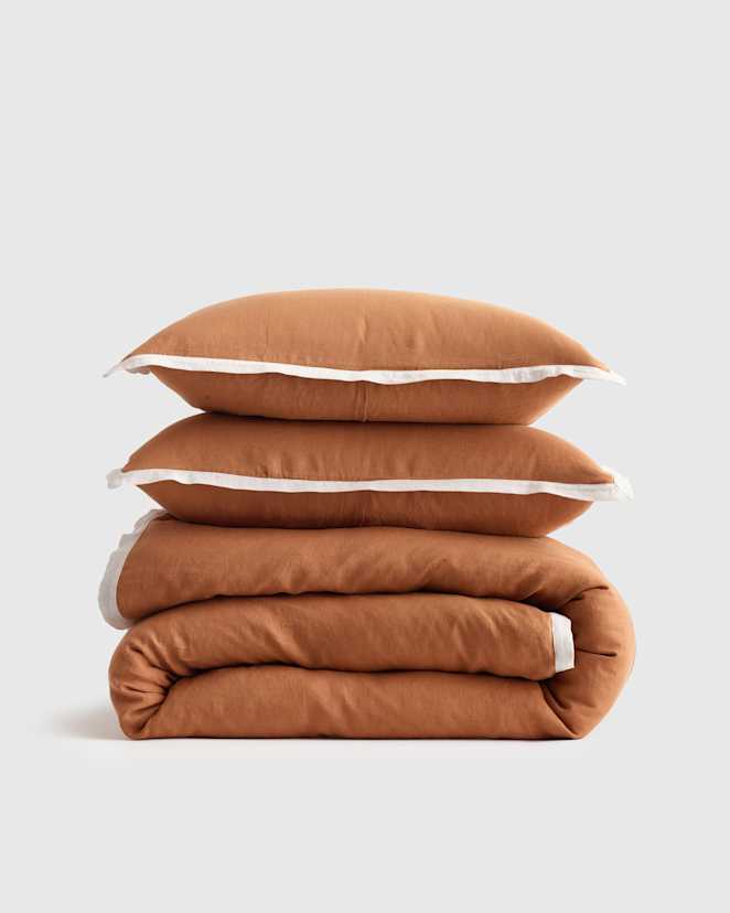 Terracotta/Sand European Linen Contrast Flange Duvet Cover Set