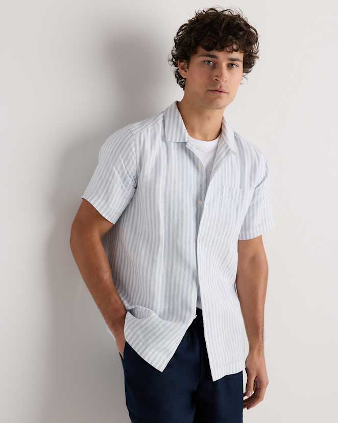Sky Blue Mariner Stripe 100% European Linen Camp Shirt