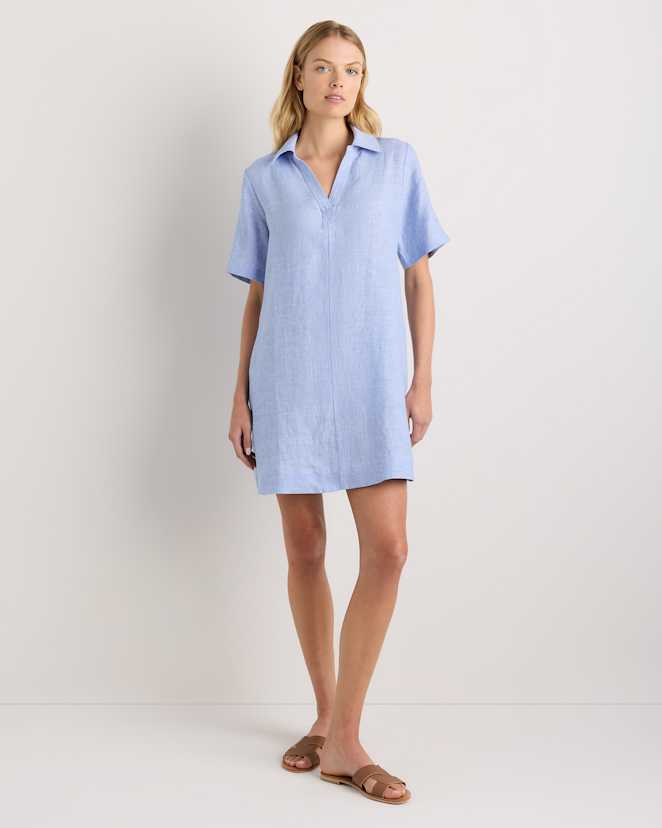French Blue 100% European Linen Popover Mini Dress