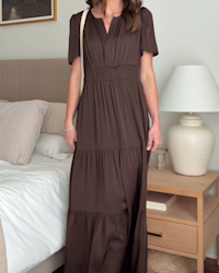 Washable Stretch Silk Tiered Maxi Dress_Brown_Victoria Schneider_4x5_Thumbnail