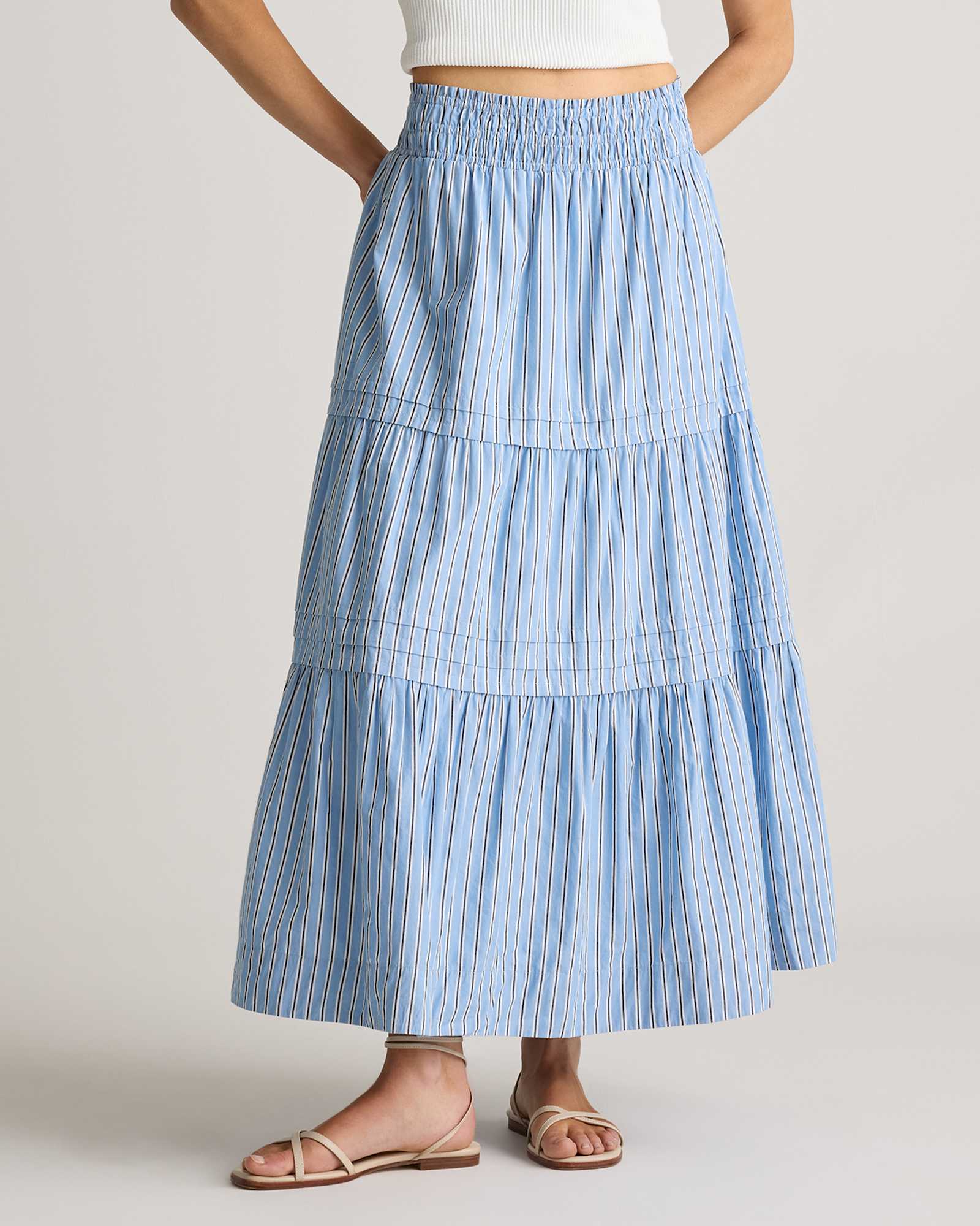 tribeca-stripe 100% Organic Cotton Poplin Tiered Maxi Skirt
