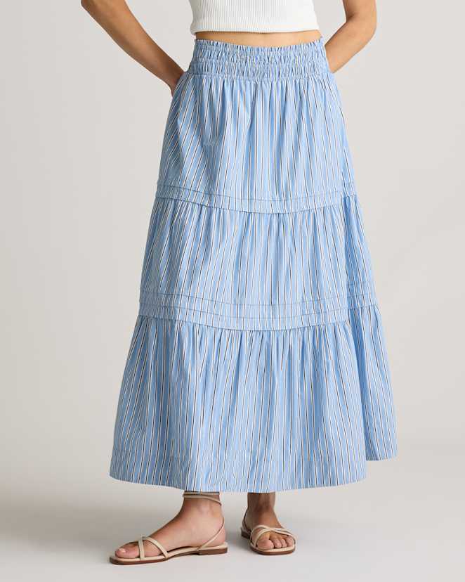 Tribeca Stripe 100% Organic Cotton Poplin Tiered Maxi Skirt