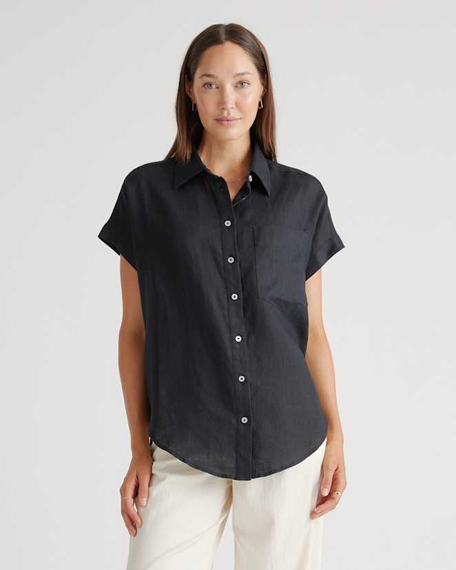 Black 100% European Linen Camp Shirt
