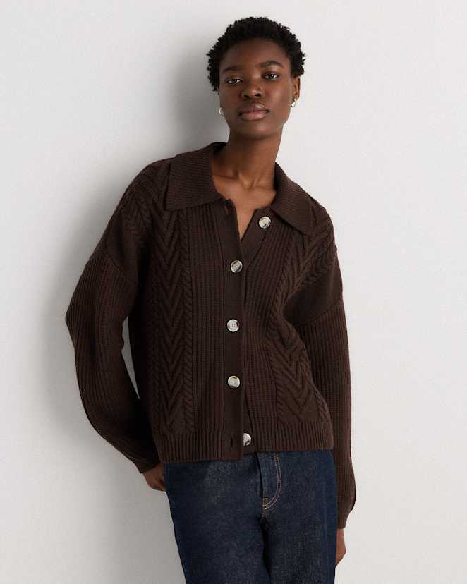 Coffee Bean Brown Australian Merino Wool Collared Cable Cardigan