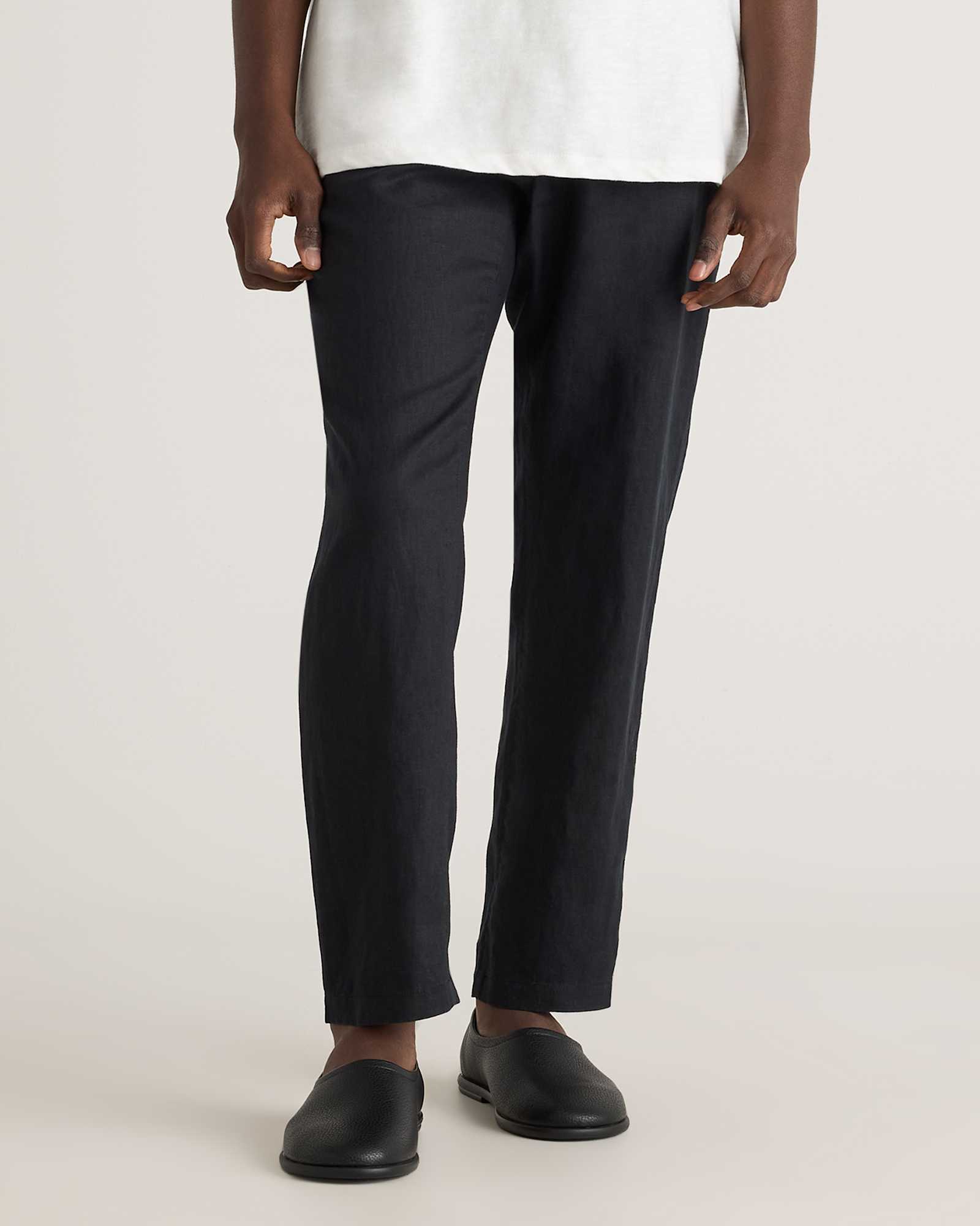 black 100% European Linen Drawstring Beach Pants