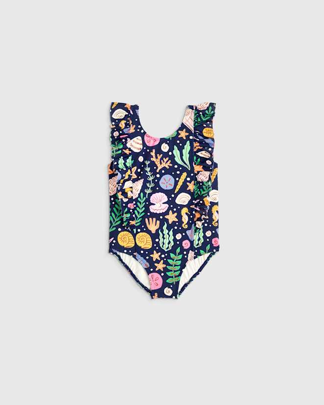 Navy Seashells Ruffle One Piece Swimsuit