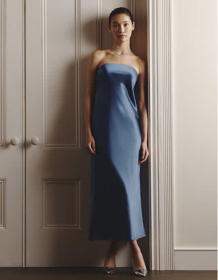 Moonstone Blue 100% Washable Silk Strapless Midi Dress