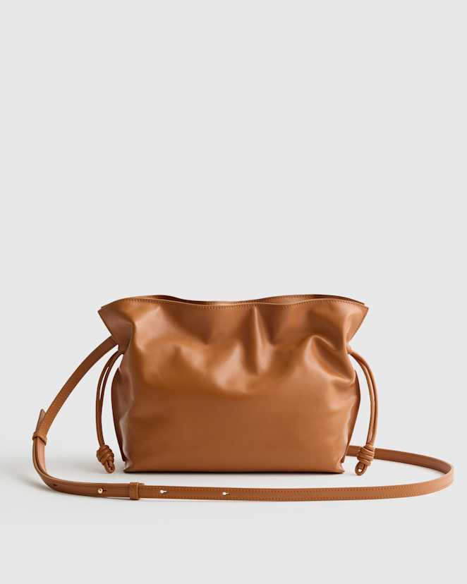 Cognac Italian Leather Drawstring Pouch Crossbody