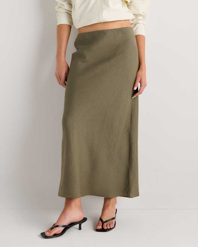 Bayberry Olive 100% European Linen Midi Slip Skirt
