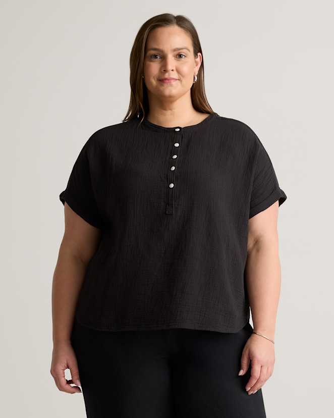 Black 100% Organic Cotton Gauze Roll Sleeve Shirt