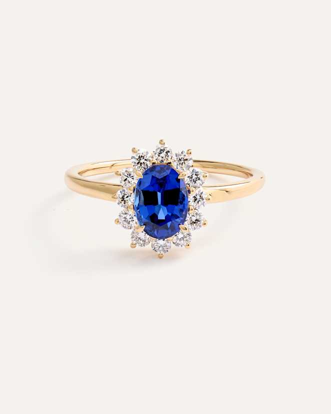 Yellow Gold 14K Gold Lab Grown Diamond and Blue Sapphire Halo Ring