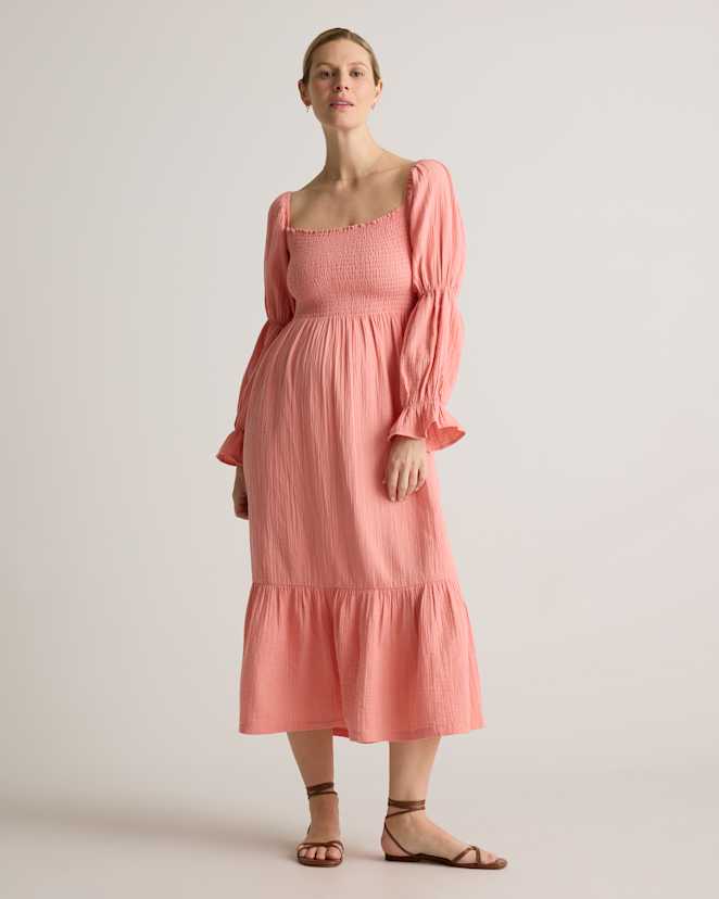 Coral Blush 100% Organic Cotton Gauze Maternity Smocked Midi Dress