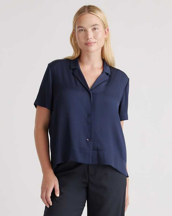 Navy Washable Stretch Silk Short Sleeve Notch Collar Blouse
