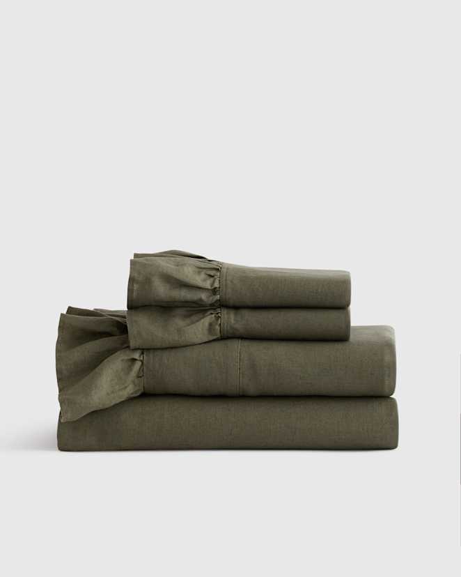 Dusty Olive European Linen Ruffle Sheet Set