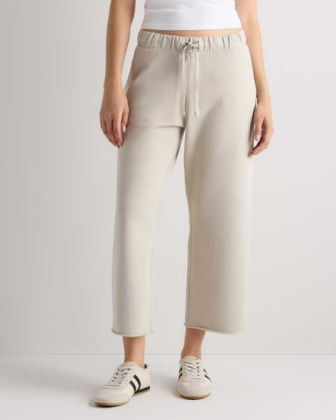 Pebble Beige Organic French Terry Cropped Wide Leg Pants