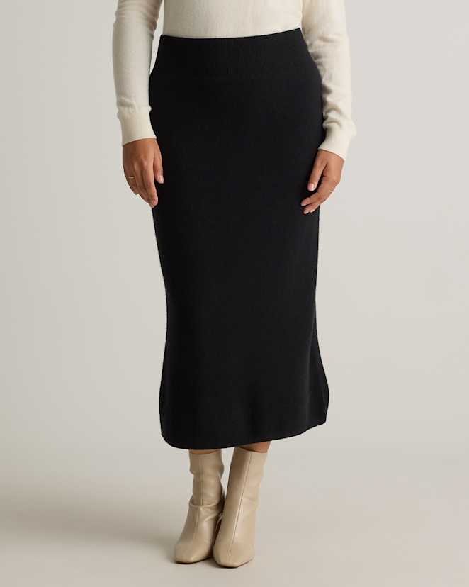Black Mongolian Cashmere Fitted Midi Skirt