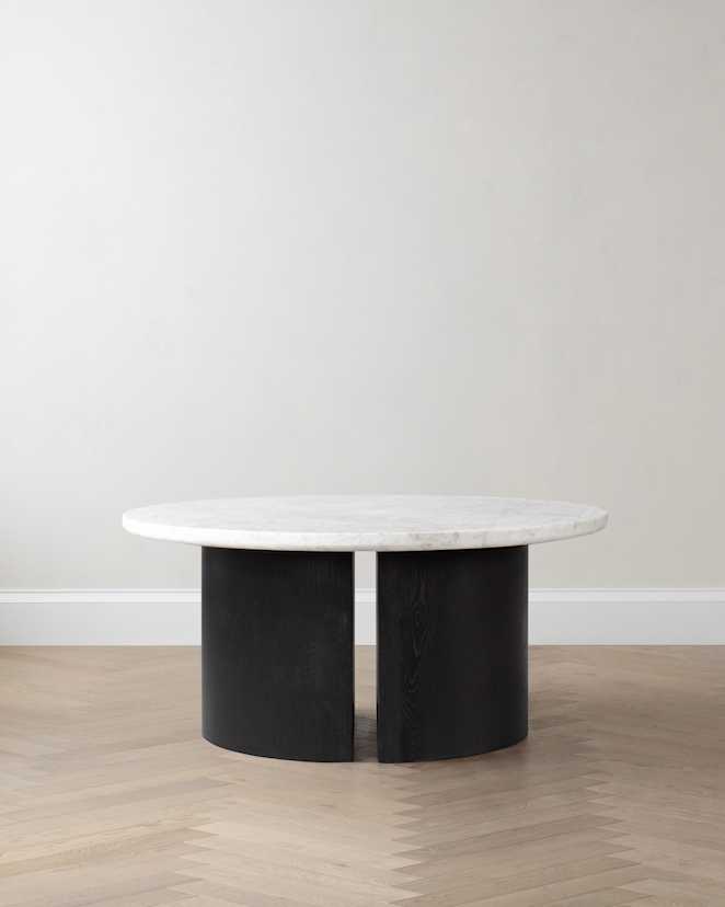 White/Black Marble and Oak Double Pedestal Coffee Table