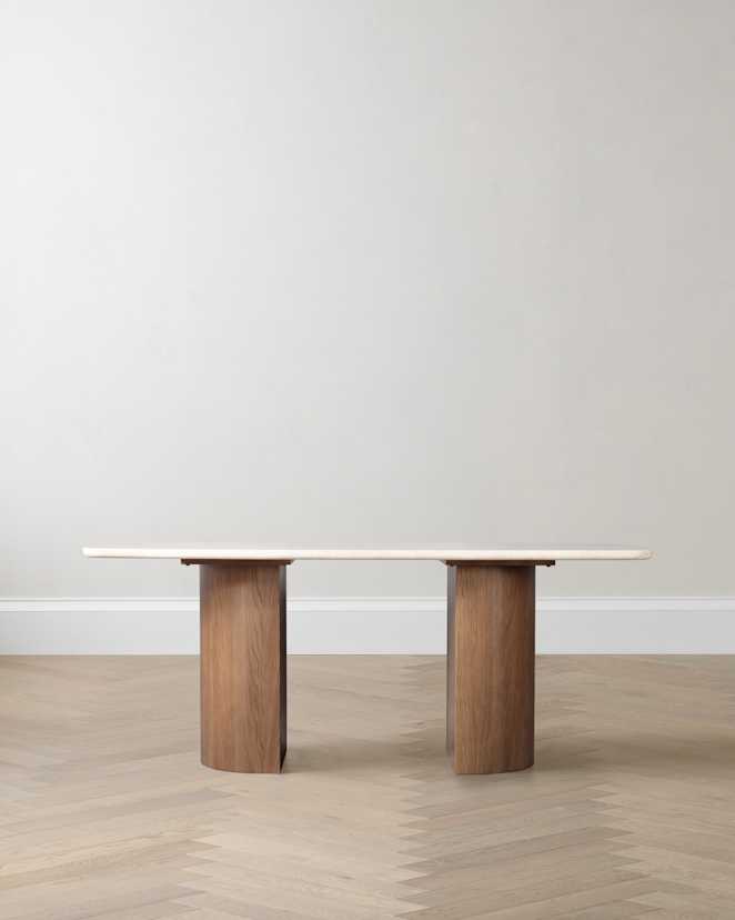 Cream/Chestnut Marble Dining Table with Double Pedestal Base