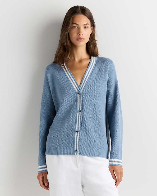 Mountain Spring Blue / Classic White Stripe Cotton Cashmere Textured Varsity Cardigan