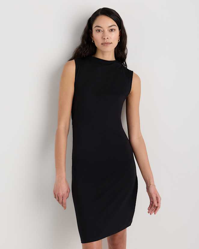 True Black Stretch Cotton Jersey Mock Neck Mini Dress