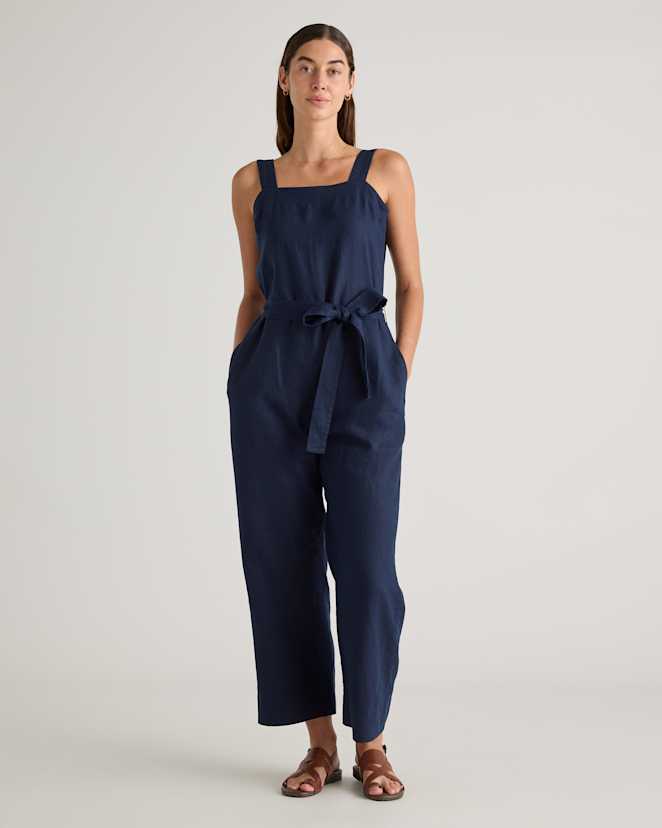 Deep Navy 100% European Linen Square Neck Jumpsuit