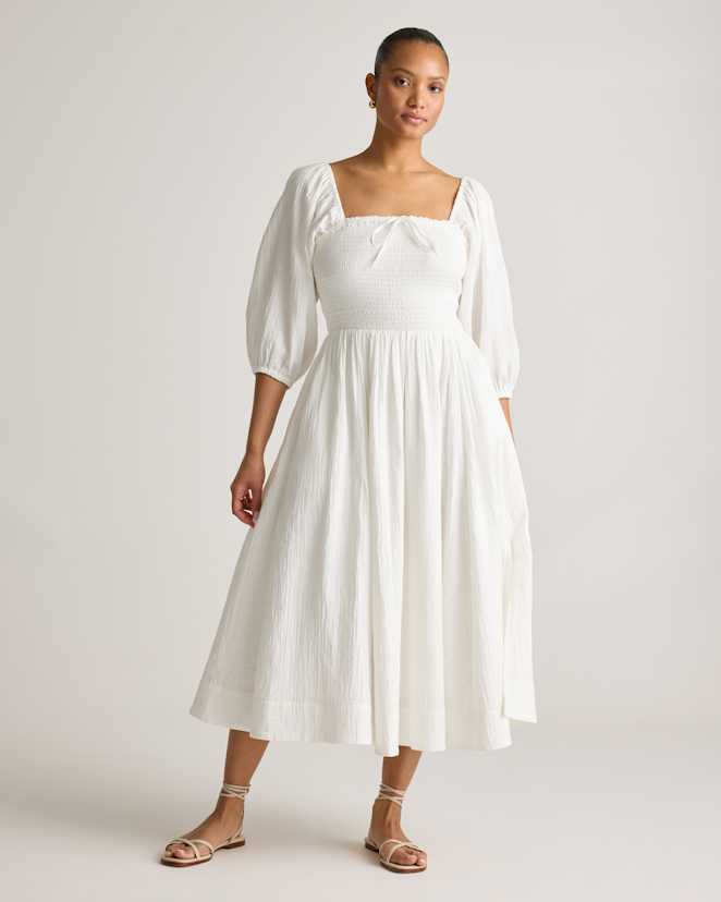 White 100% Organic Cotton Gauze Smocked Square Neck Midi Dress