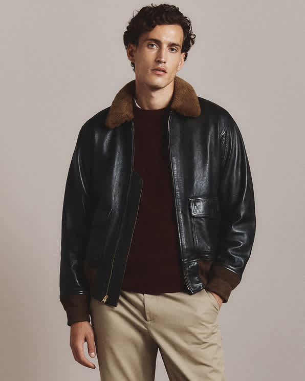 Rich Brown Shearling Collar Leather Flight Jacket